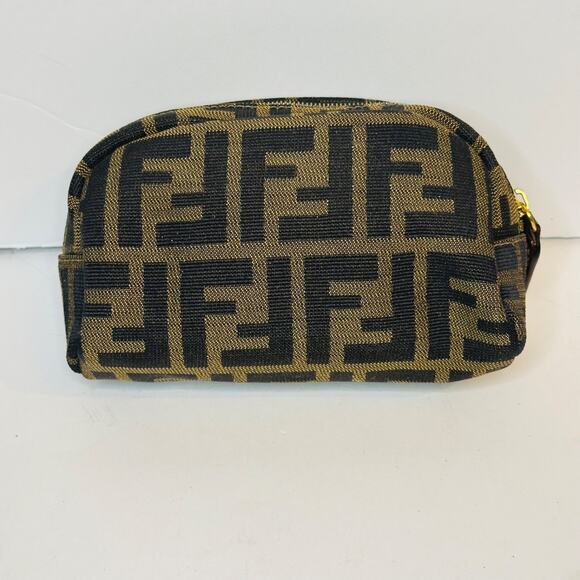 FENDI Zucca Mini Pouch Multi Case Canvas Leather Brown Zipper Authentic vintage - Picture 1 of 11